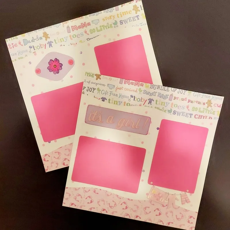 It's a Girl Scrapbook Layout: Premade Baby Girl Theme, 12x12 Two Page