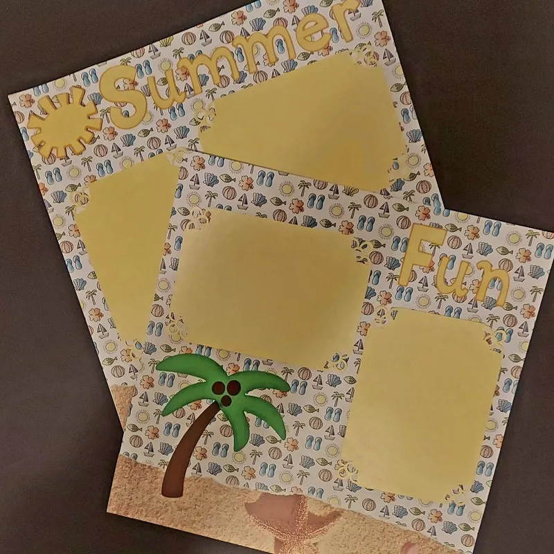 Beach Scrapbook Layout: Sandcastles & Palm Trees, 12x12 Premade Pages