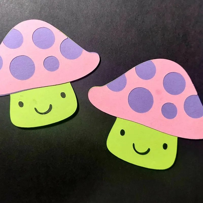 Smiling Mushroom Embellishment: Pink, Purple & Green Die Cut, Scrapbook Ephemera