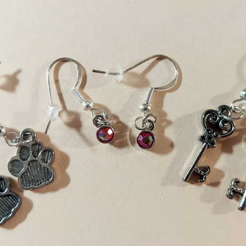 Handmade Dangle Earrings Set: Paw, Red Gem, Heart Key Charms