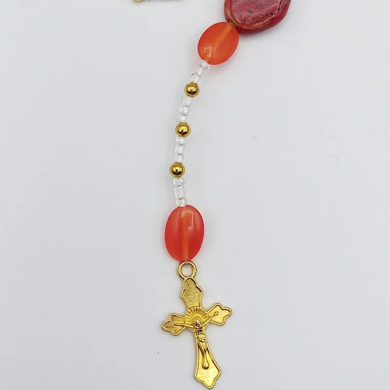 Handmade Catholic Rosary: Orange Beads, Gold Cross Necklace