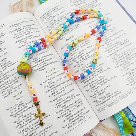 Catholic Rosary: Colorful Beaded Cross Necklace, Rainbow Inspired, Gift for First Communion