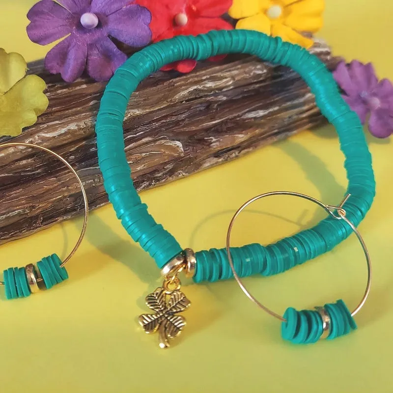 St. Patrick's Day Jewelry Set, Green Clay Beaded Bracelet with matching Hoop Earrings, 4 Leaf clover, Irish Gift for Her