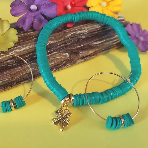 St. Patrick's Day Jewelry Set, Green Clay Beaded Bracelet with matching Hoop Earrings, 4 Leaf clover, Irish Gift for Her