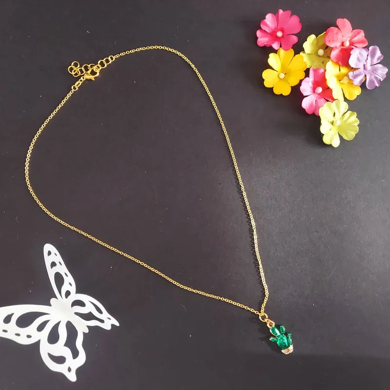 Green Cactus Charm Necklace - Desert Jewelry on 18" Gold Chain