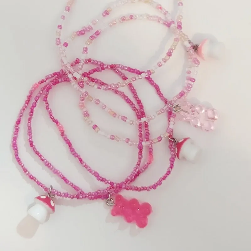 Pink Beaded Charm Bracelet: Mushroom or Gummy Bear, Stackable Friendship Bracelet