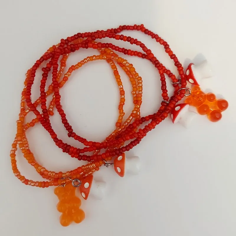 Beaded Charm Bracelet: Mushroom & Gummy Bear, Stackable Jewelry