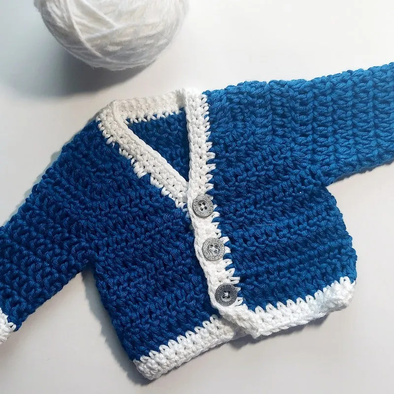 Crocheted Baby Cardigan: Blue Cotton Blend Sweater, Newborn Gift - Pre-Mature Baby