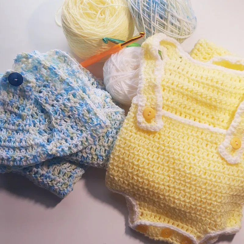 Crochet Baby Bundle: Yellow & Blue Blanket, Onesie, Bib