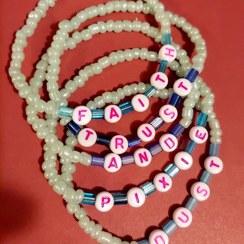 Beaded Word Charm Bracelet Set: Faith, Trust, Pixie Dust
