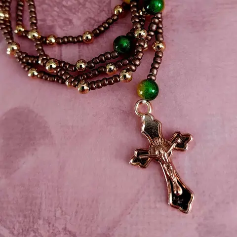 Handmade Catholic Rosary: Rust Beads, Gold Accents, Copper Cross