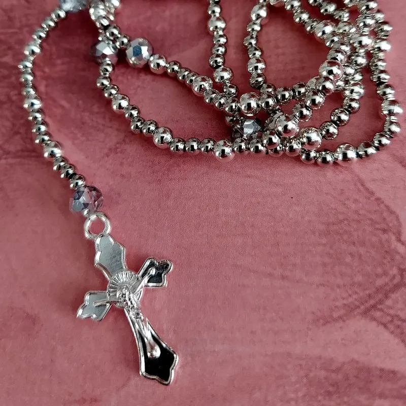 Catholic Silver Rosary: Crystal Accent Prayer Necklace, Cherished Gift for Bride and Groom