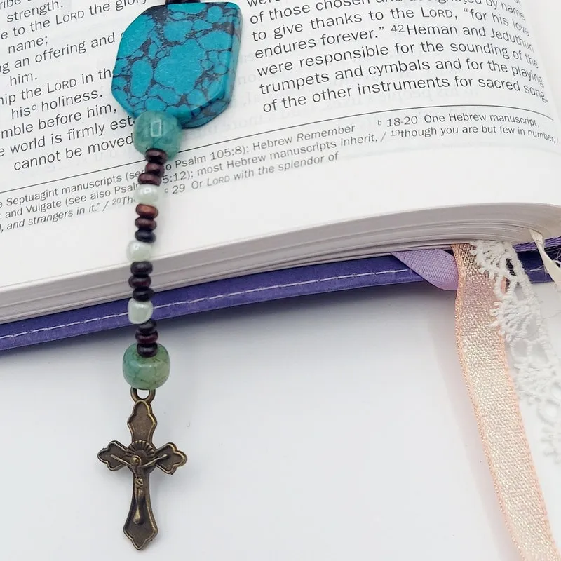 Handcrafted Catholic Rosary: Bronze Cross, Teal Marble Centerpiece