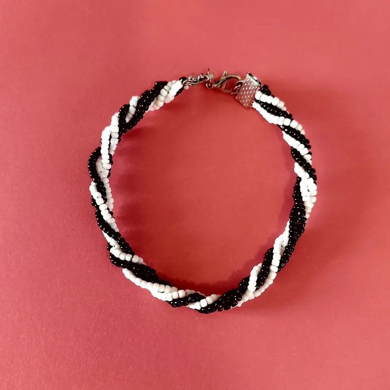 Handmade Black & White Beaded Bracelet: Elegant Braided Wire Jewelry