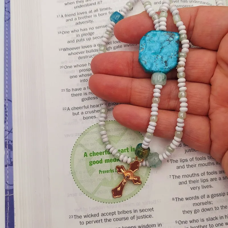 Handcrafted Catholic Rosary: White & Aqua Beaded Prayer Necklace