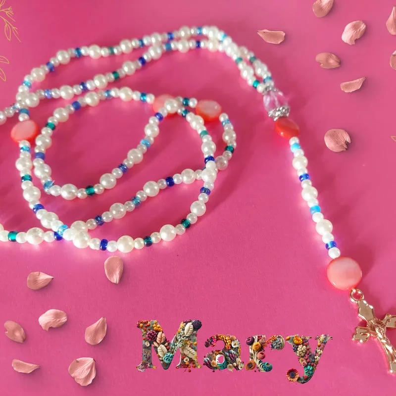 Handcrafted Catholic Rosary: Pearl Bead Cross Necklace, Religious Gift
