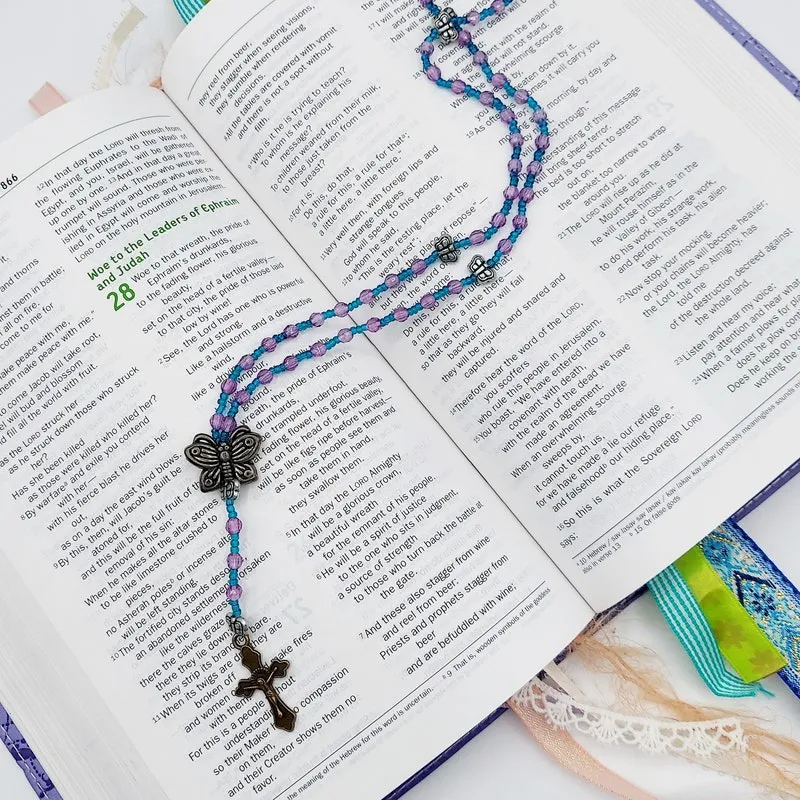 Catholic Rosary Necklace: Bronze Crucifix, Blue & Pink Catholic Beads with Butterfly Centerpiece