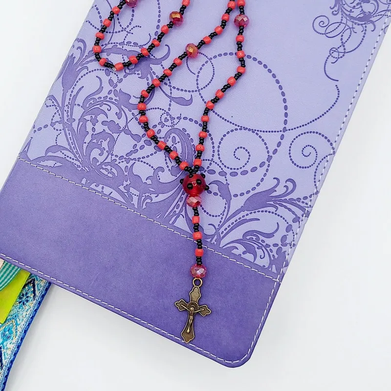 Handcrafted Catholic Rosary: Red & Black Prayer Beads, Bronze Cross