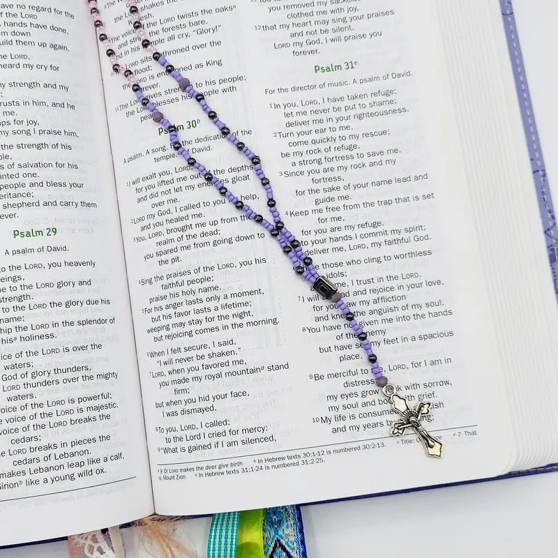 Handcrafted Rosary Necklace: Purple Pink Prayer Beads, Silver Cross