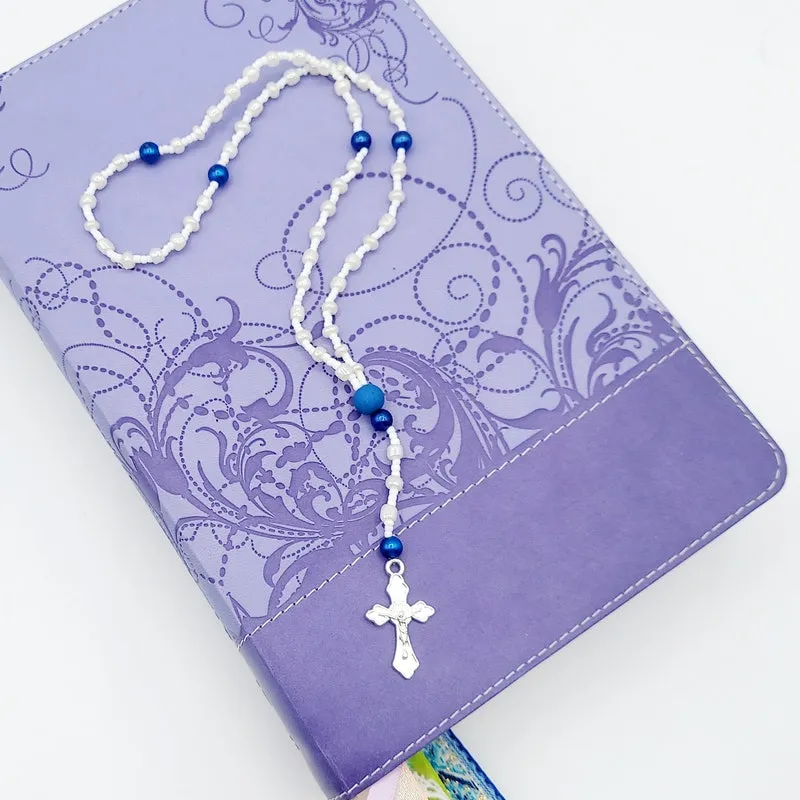 Catholic Rosary Necklace: White & Blue Beads, Silver Cross