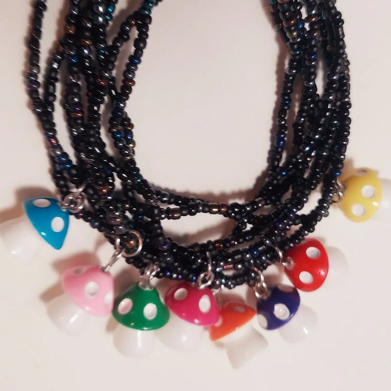 Colorful Mushroom Charm Bracelets with black rainbow metallic seed beads