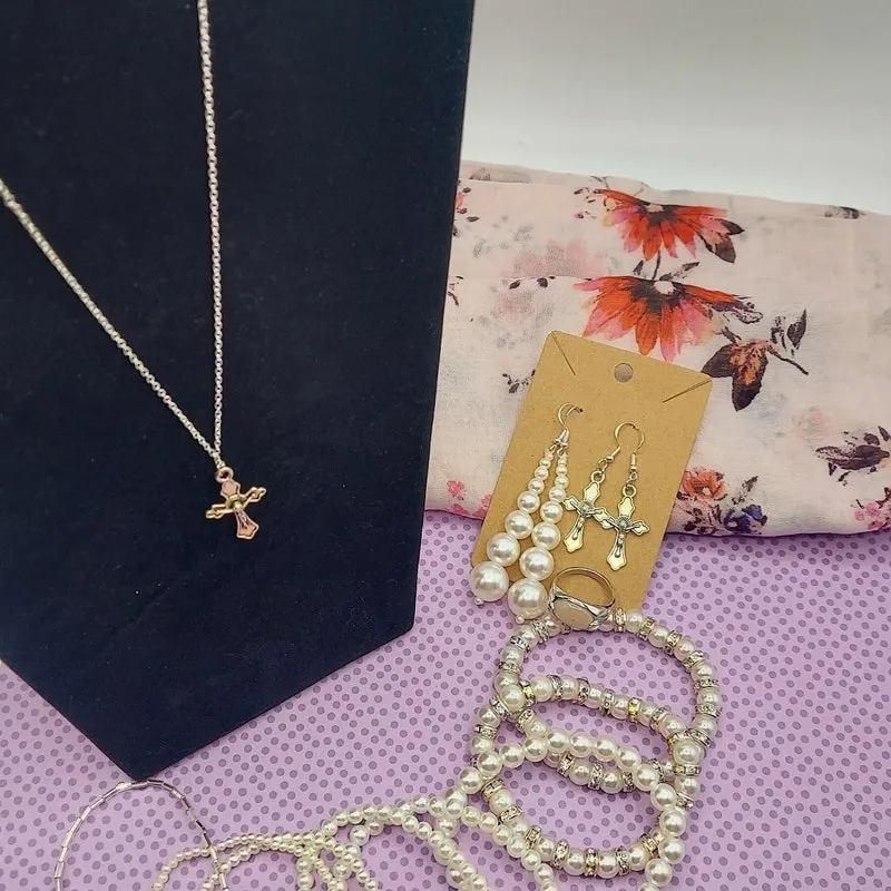 Pearl Beaded Jewelry Set (12): Silver Cross Necklace, Earrings, 8 Bracelets, For the Bride to be