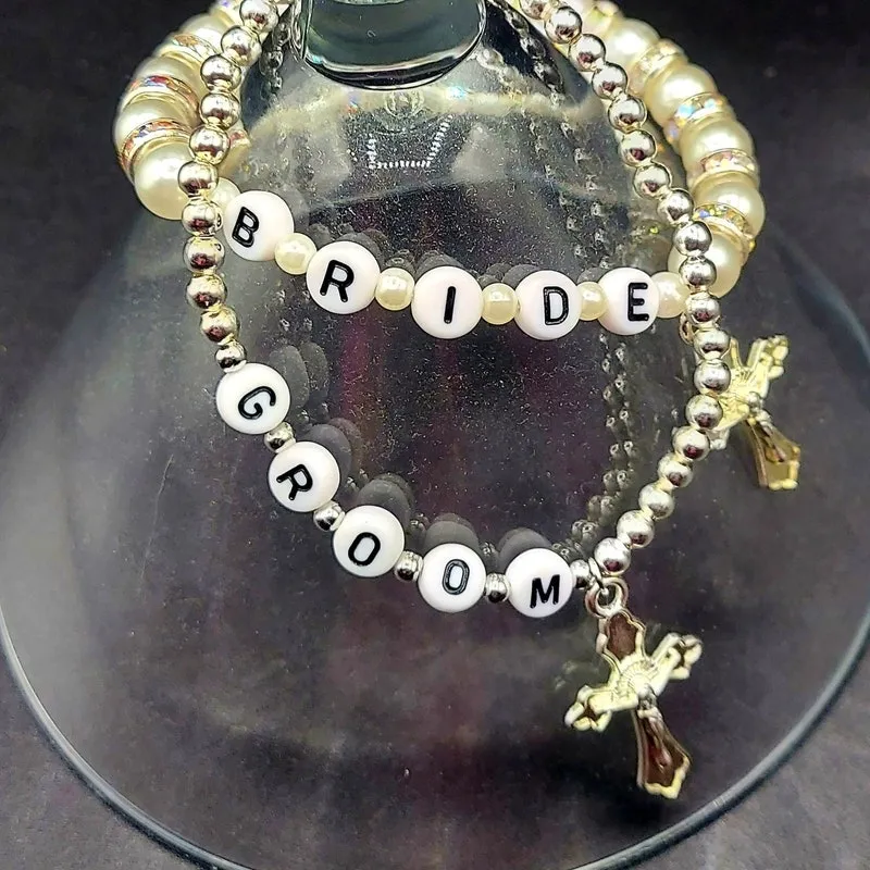 Bride & Groom Beaded Bracelet Set – Wedding Cross Charms