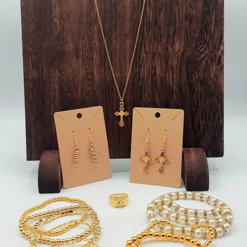 Gold Beaded Jewelry Set (13) with 9 Beaded Bracelets, 2 pairs of Earrings, Cross Necklace and a Cocktail Ring - Gift for Confirmation