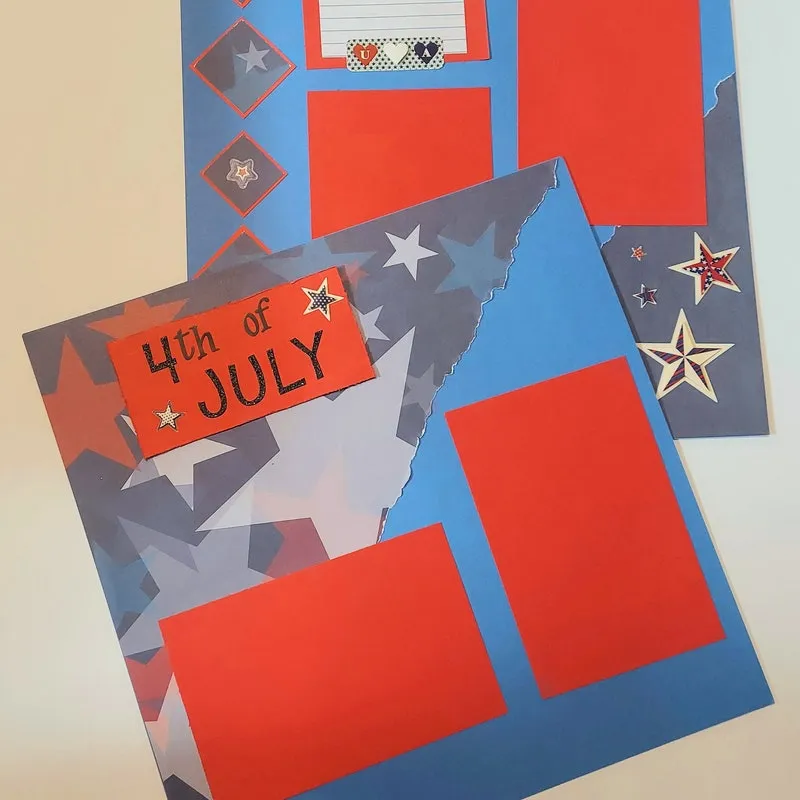 July 4th Celebration Scrapbook Layout: Patriotic Stars & Stripes, Two 12x12 Premade Pages, Just add photos