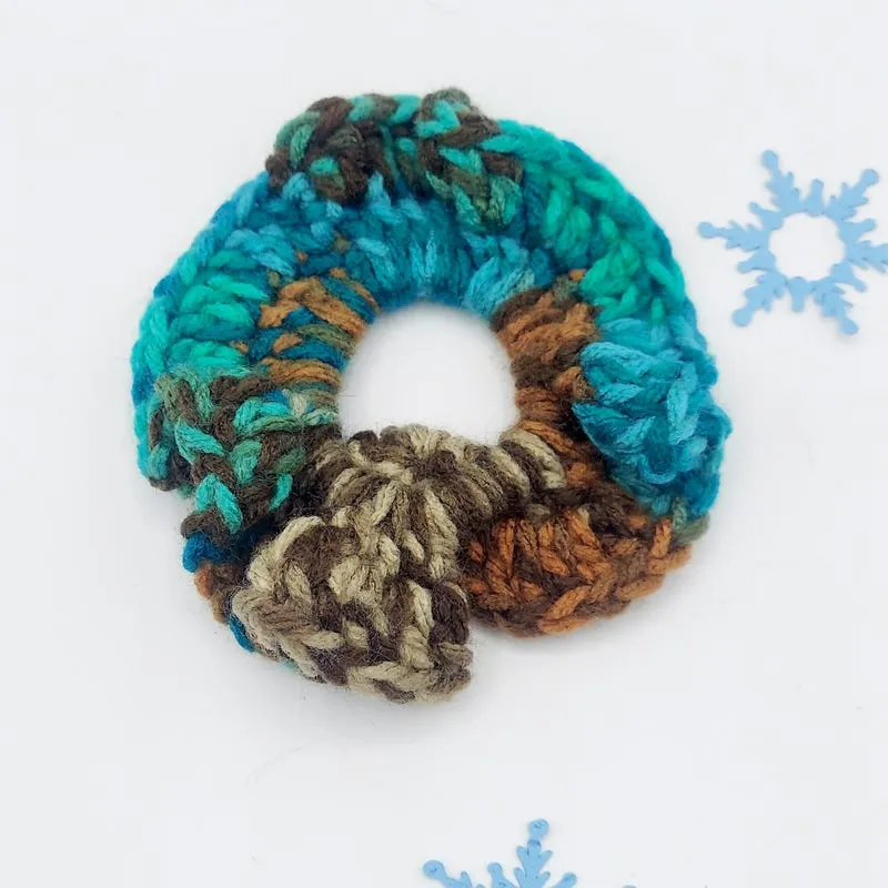 Crochet Scrunchie: Earthy Teal, Rust, and Brown Variegated Hair Tie