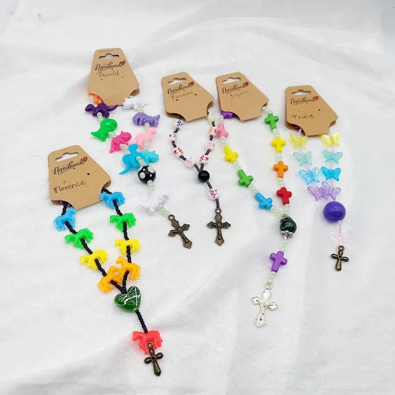 Kids Mini Rosary, Dinosaur, Horse, Butterfly, Cat Themed, Colorful Cross