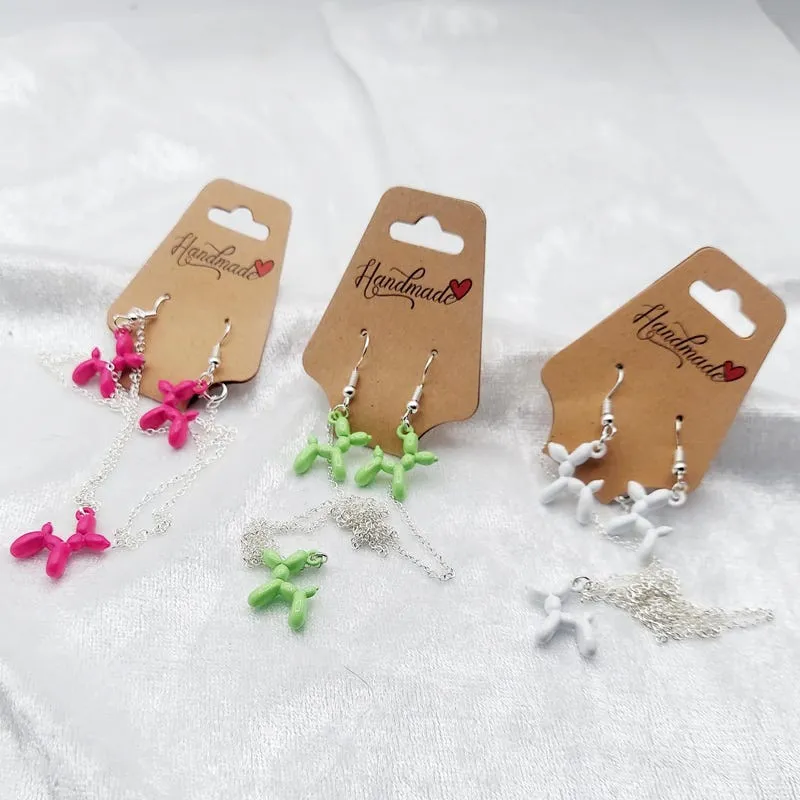 Balloon Animal Necklace with matching Earrings in pink, green and white