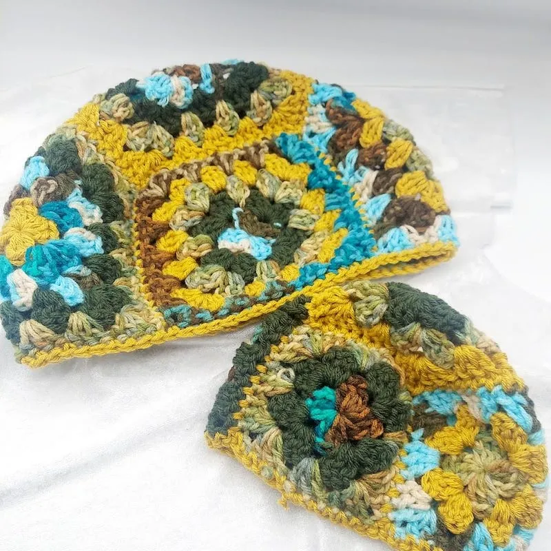 Crochet Granny Square Hat - in Goldenrod, Teal and Shades of Brown