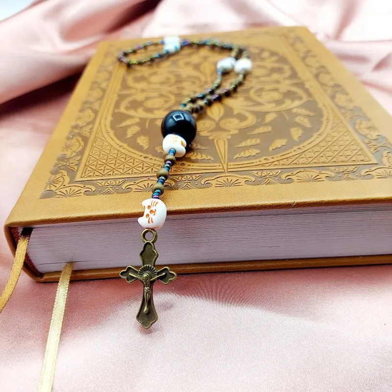 Catholic Rosary Necklace: Bronze Crucifix, for the Cat Lover